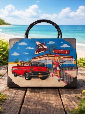 Vintage Diner Scene Top-Handle Bag in Blue and Red
